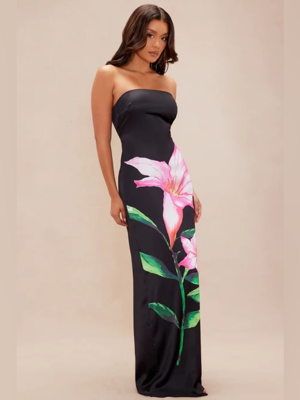 Fashion‎ Nova Luxe Women’s Small Strapless Black Maxi Vacation Dress Pink Floral